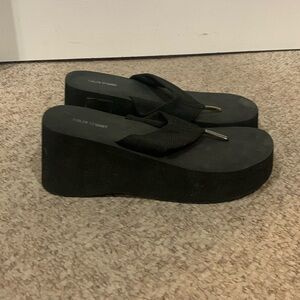Vtg Colin Stuart black platform thing boho Victoria Secret sandals sz 9-10